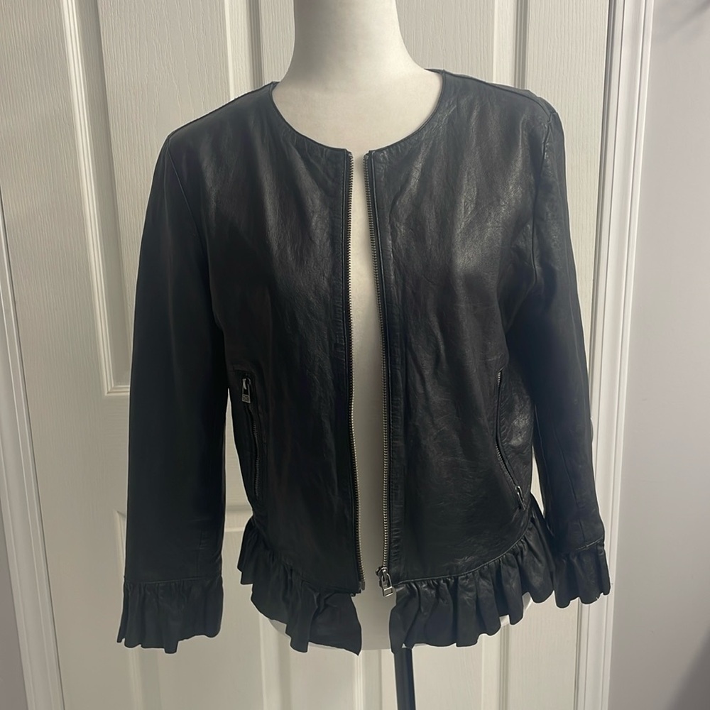 Bano eeMee Black Ruffle Hem Women's Leather Jacket Canadian Made Size 10
